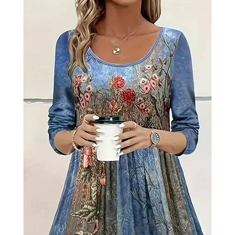 Women's Midi Dress Casual Dress Print Dress Vintage Modern Daily Date Weekend Regular Fit Flower Long Sleeve Crew Neck Blue Green Light Blue Spring Fall4