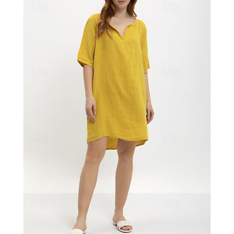 Women's Midi Dress Cotton Linen Dress Classic Modern Outdoor Going out Weekend Regular Fit Plain Half Sleeve V Neck Yellow Navy Blue Dark Gray Summer