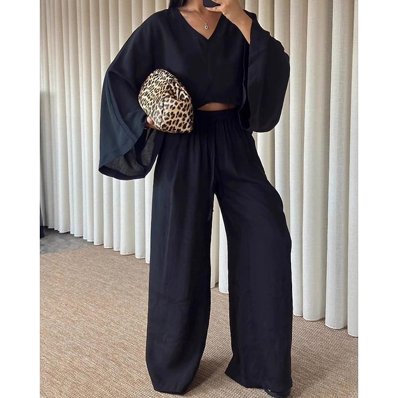 Women's Active Fashion Pants Sets Long Sleeve V Neck Solid Color Patchwork Vacation Casual Daily Black White Pink Summer Regular Fit4