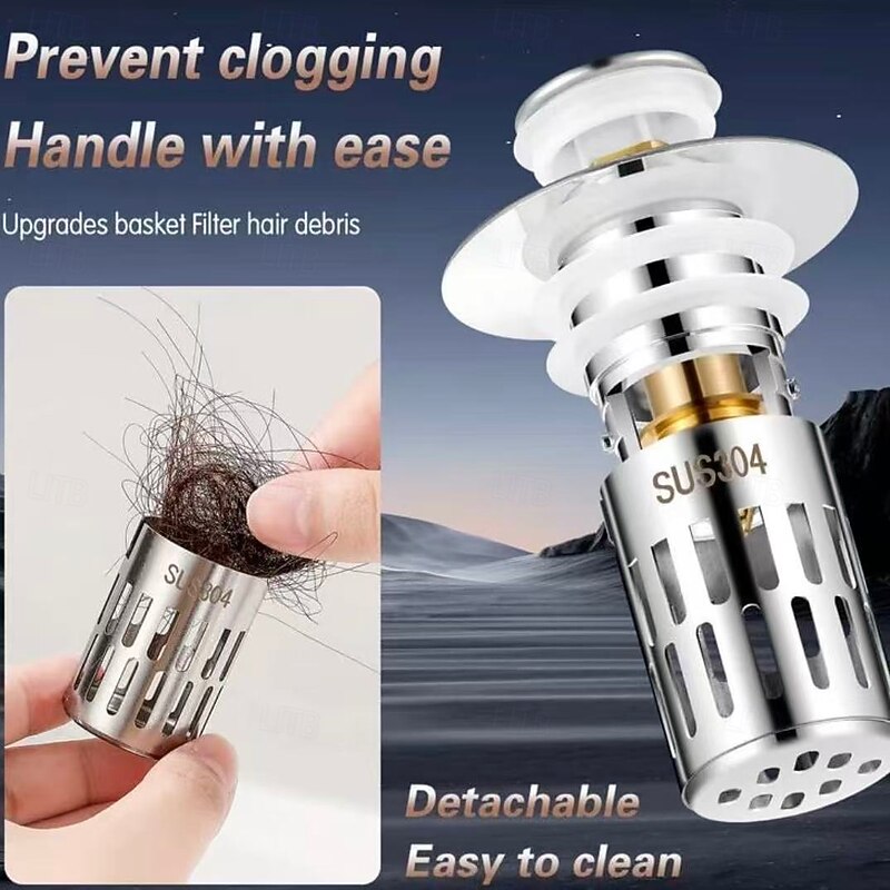 2 Pack Universal Stainless Steel Drain Strainer Push-To-Bounce Core Sink Drain Stopper Pop-Up Strainer Plug, Anti-Odor, Universal Basin Accessory2