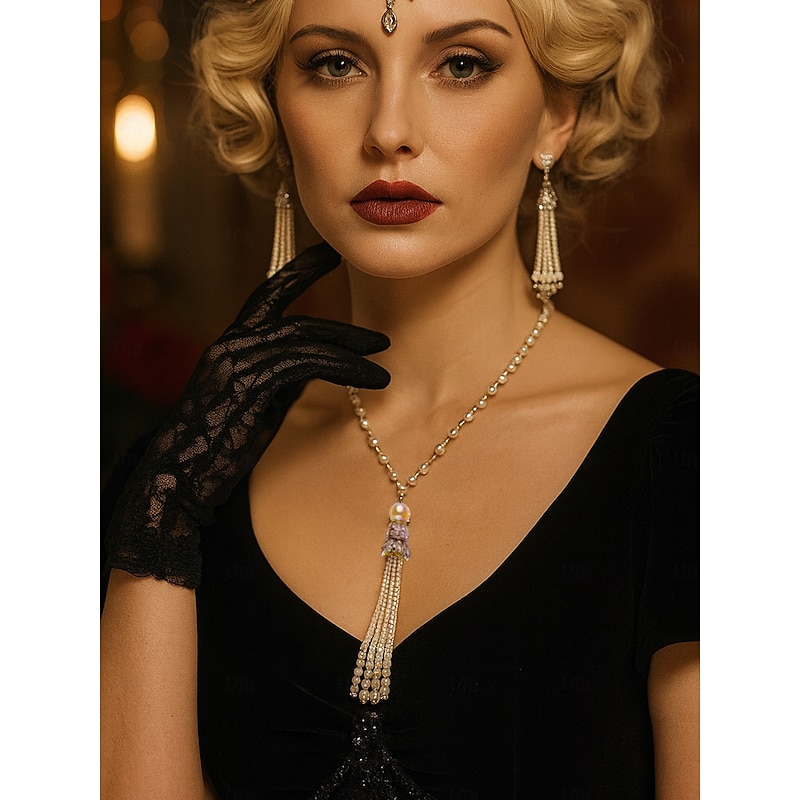 Women's 1920s Pearl Necklace and Earrings Set - Three-Layer Faux Pearl Beaded Jewelry with Rhinestone Brooch Detail, Vintage Gatsby Flapper Style Accessories for Cocktail Parties, Weddings and Themed3