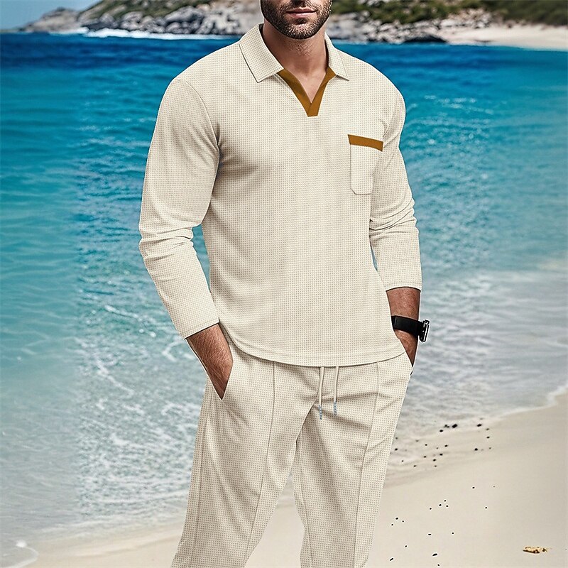 Men's Waffle Polo Shirts Golf Shirt Work Casual Lapel Long Sleeve Basic Modern Color Block Buttons Spring Fall Regular Fit Black Royal Blue Khaki Gray Waffle Polo Shirts4