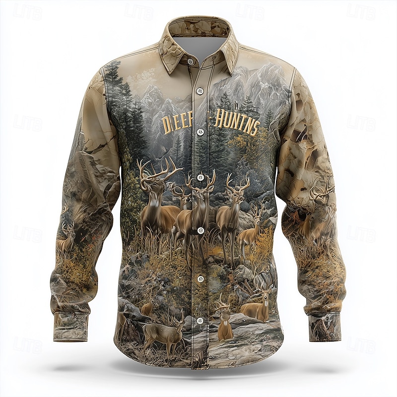 Men's Reindeer Nature Forest Shirt Button Up Shirt Long Sleeve Vintage Retro Outdoor Camping & Hiking Hunting Spring Fall Turndown 3D Print Collared Shirts Blue Khaki Light Grey Gray Light Blue2