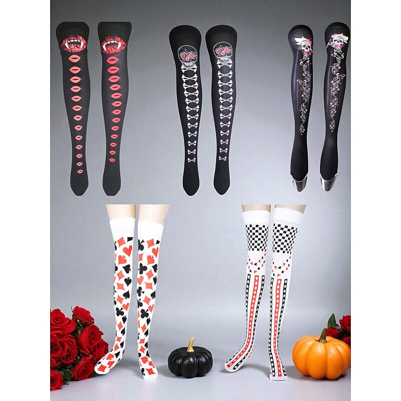 Women's Halloween Over-the-Knee Socks with Gothic Skull, Vampire and Card Print - Fun Nightlife Party Hosiery for Costume and Cosplay Outfits