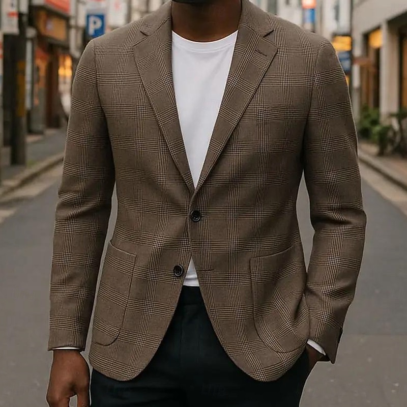 Men's Blazer Jacket Notch Collar Lightweight Plaid Blazer Brown Slim Fit Single Breasted Two-buttons