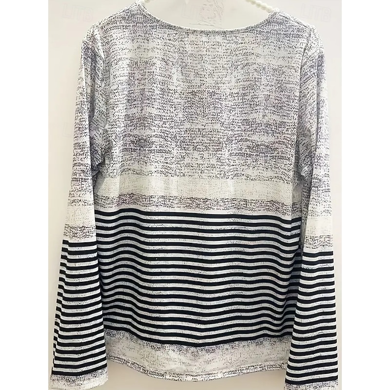 Women's T Shirt Graphic Geometric Striped Vintage Stylish Classic Long Sleeve V Neck Notched Neck Regular Tops Daily Weekend Print Black and White Dusty Blue Gray Spring Fall Winter2