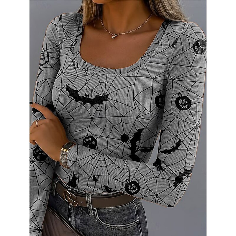 Halloween Women's T Shirt Spider Web Graphic Vintage Stylish Classic Long Sleeve Square Neck Regular Tops Daily Print Yellow Purple Orange Green Gray Summer Spring Fall4
