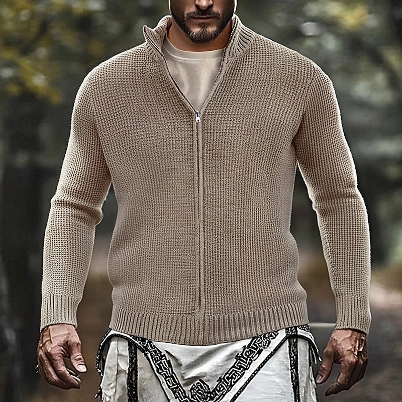 Men's Cardigan Sweater Zip Sweater Cropped Sweater Knit Sweater Cardigan Jacket Ribbed Chunky Knit Regular Tops Knitted Solid / Plain Color Turtleneck Fashion Classic Vacation Daily Wear Clothing