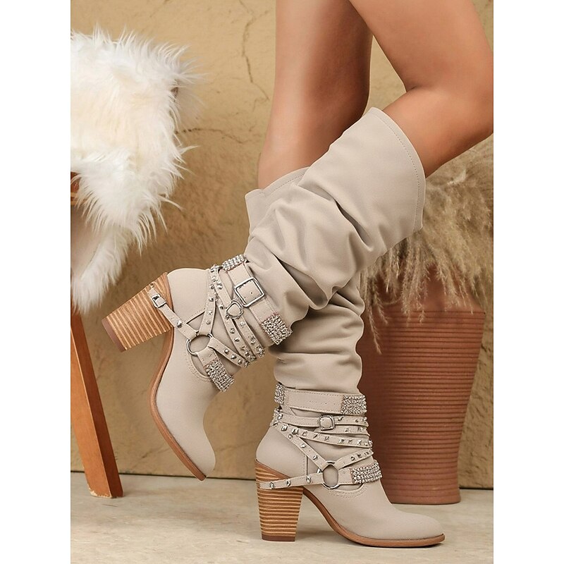 Women's Beige Slouchy Knee-High Boots with Buckle and Stud Accents, Vintage Western Style for Fall and Winter Casual Wear2