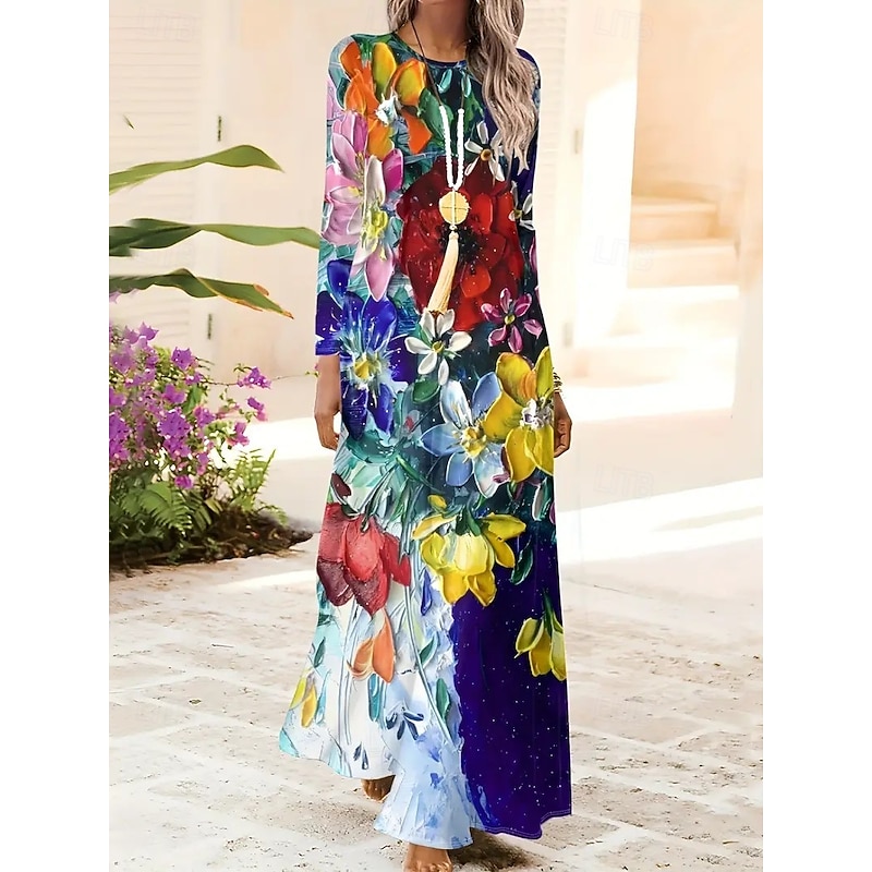 Women's Maxi Dress Shift Dress A Line Dress Party Casual Boho Daily Date Going out Regular Fit Floral Graphic Tie Dye Long Sleeve Crew Neck Red Blue Green Spring Fall Winter Autumn
