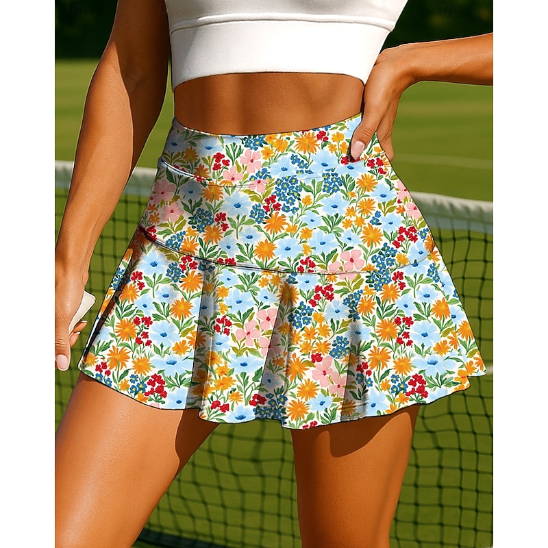 Women's Plants Floral Floral Botanical Tennis Skirts Patchwork Pocket 2 in 1 UPF50+ UV Resistant Multi layer Volleyball Tennis Badminton Shorts Skirt Blue+Yellow Tennis Clothing