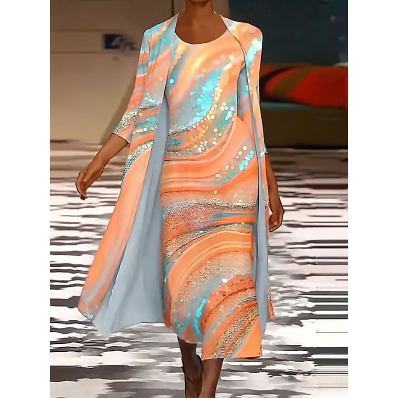 Women's Dress Set Shift Dress Summer Dress Casual Ombre Geometric Layered Print Midi Dress 3/4 Length Sleeve Crew Neck Daily White Yellow Orange Spring Fall Regular Fit3