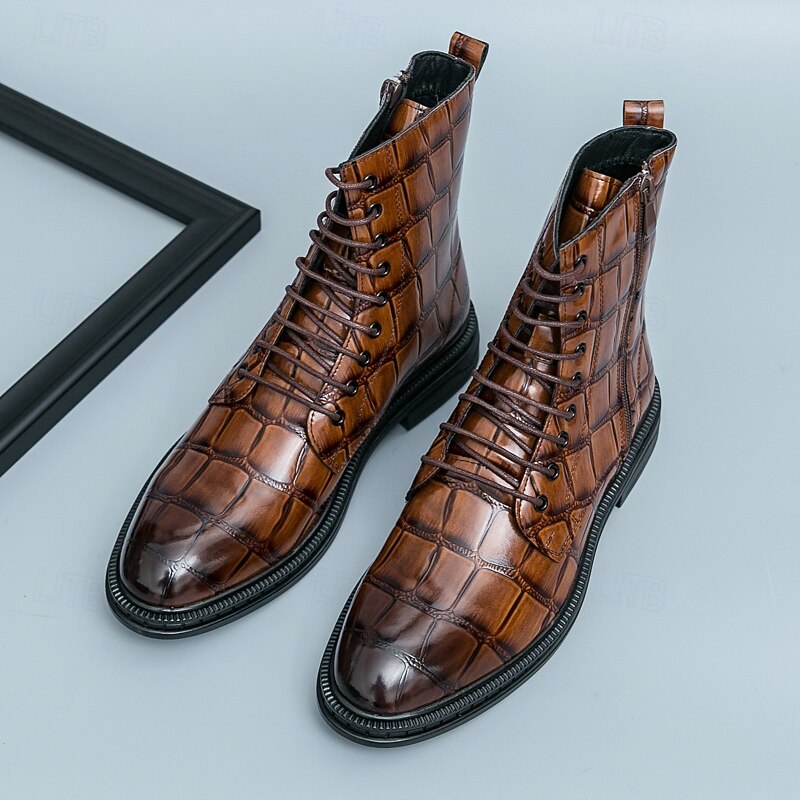 Men's Brown Crocodile Pattern Lace-Up Boots, Vintage Business Casual Shoes for Office and Formal Occasions4