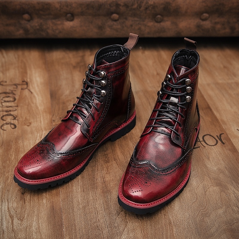 Men's Burgundy Faux Leather Combat Boots with Brogue Detailing – Durable Lace-Up Style for Casual Wear, Outdoor Walking, and Fashion Outfits4