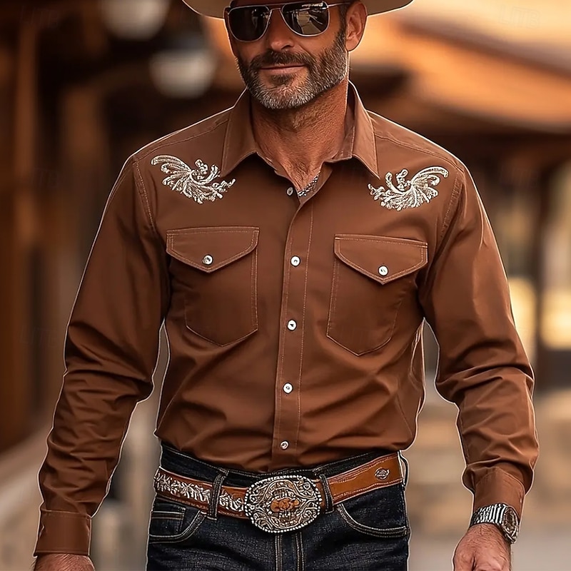 Men's Scroll Floral Print Ethnic Shirt Western Shirt Cowboy Shirt Long Sleeve Vintage Retro Outdoor Casual WorkWear Summer Spring Fall Turndown Front Two Pockets Button Up Shirts Black Brown