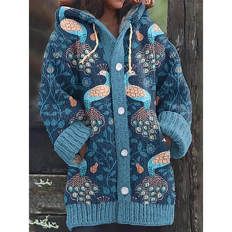 Women's Cardigan Vacation Daily Floral Ribbed Hooded Knitted Print Front Pocket Long Sleeve Regular Tops Knit Outdoor Daily Holiday Blue Green Fall Winter2