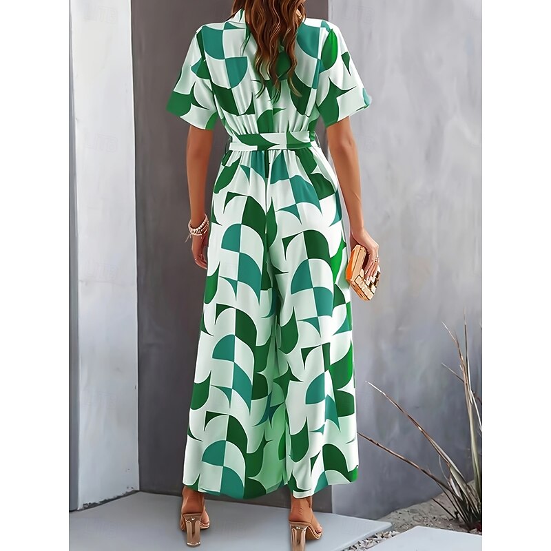 Women's Normal Jumpsuit Active Geometric Short Sleeve Wide Leg V Neck Lace up High Waist Vacation Daily Regular Fit Orange Green Summer3