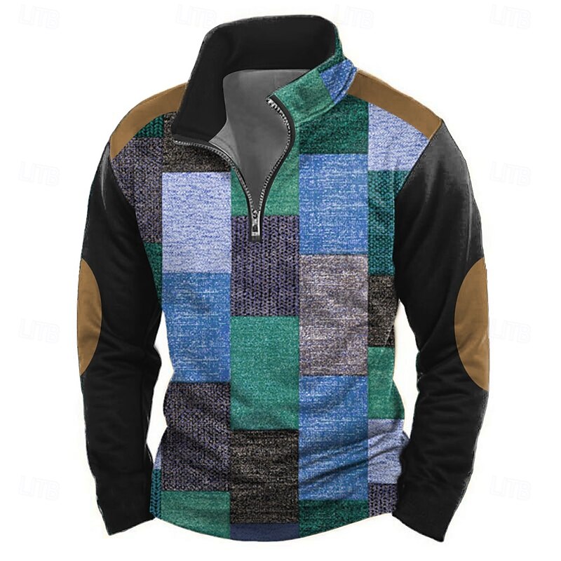 Men's Geometric Plaid Sweatshirt Casual Long Sleeve High Neck Vacation Streetwear Red Blue Zipper Quarter Zip Fall Winter Designer4