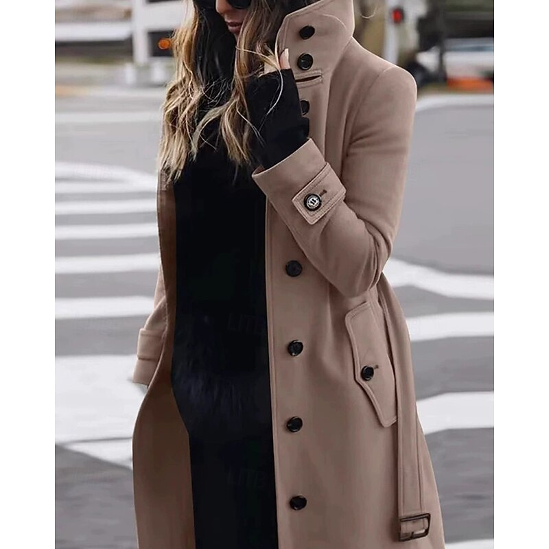 Women's Casual Jacket Trench Coat Warm Comfortable Pocket Buttons Fashion Outdoor Plain Going out Weekend Single Breasted Regular Stand Collar Regular Fit Long Sleeve Outerwear Black Red Khaki Fall3