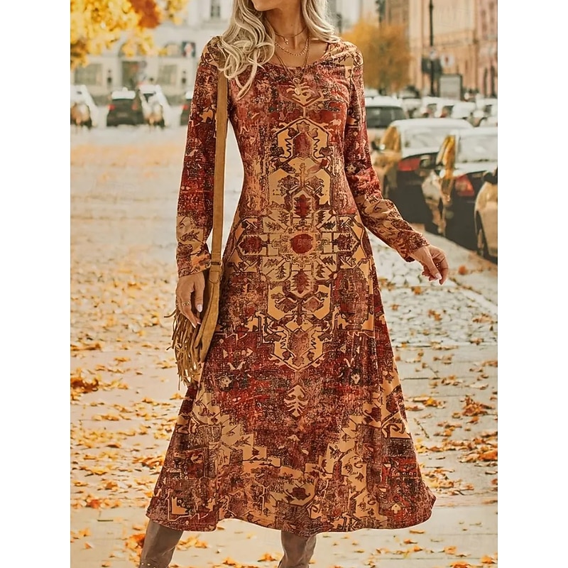 Women's Maxi Dress Sheath Dress A Line Dress Vacation Casual Beach Daily Regular Fit Graphic Geometric Long Sleeve Crew Neck Orange Spring Fall Winter