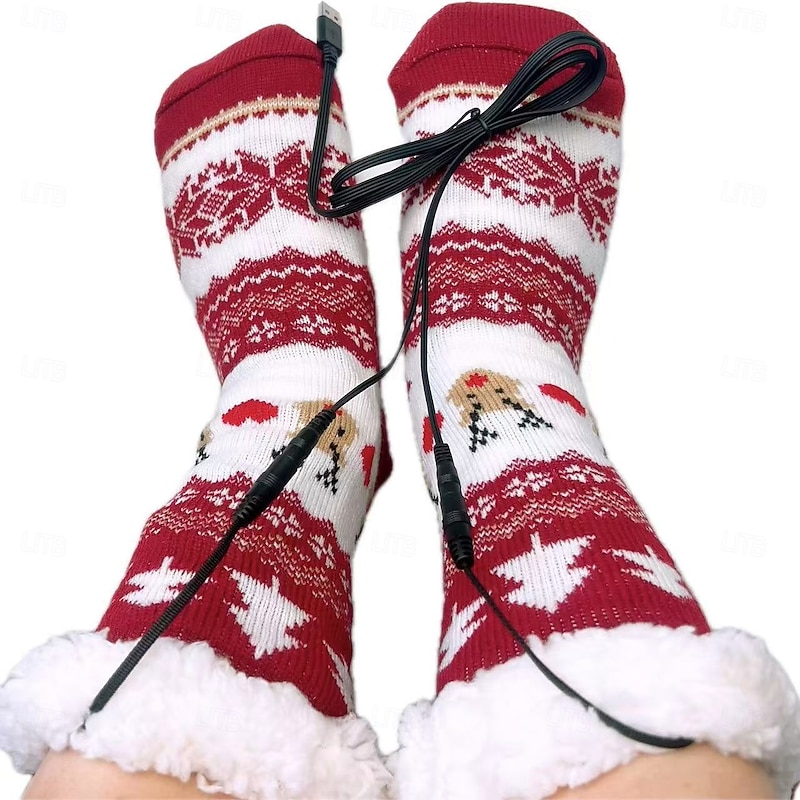 USB Heated Socks, Cross-Border Thick Warm Floor Socks, Indoor Anti-Slip Home Wear, Mid-Calf Electric Warming Socks for Christmas3