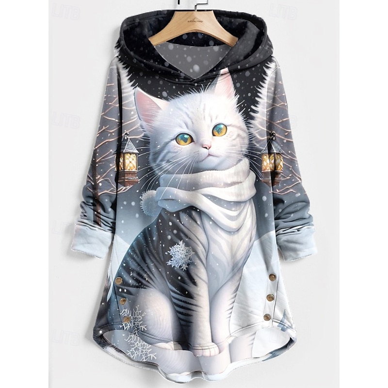 Women's Pullover Hoodie Sweatshirt Hoodies Cat Streetwear Casual Long Sleeve Hooded Regular Tops Holiday Going out Print Black Blue Light Grey Light Blue Fall Winter