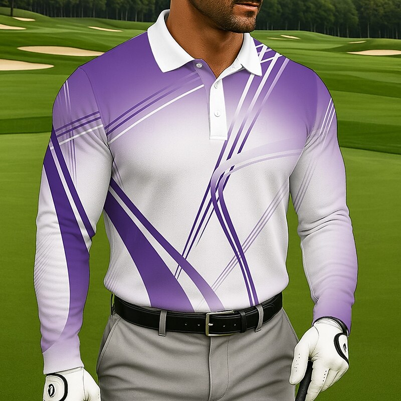 Men's Geometic Golf Polo Long Sleeve Polo Shirts Lapel Casual Athleisure Daily Wear 3D Print Buttons Spring Fall Winter Blue Purple Green