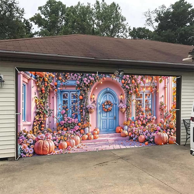 Halloween Garage Door Cover Large Hanging Backdrop Pumpkin Farm Cute Rustic Cottagecore Party Outdoor Shooting Backgrounds Yard Home Decor2