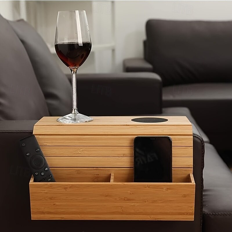 Foldable Vintage Bamboo Sofa Armrest Table with Cup Holder - No Assembly Required, Hand Wash Only, Natural Wood & Black Finish, Hardwood & Bamboo Construction for Living Room, Dining, Relaxation4