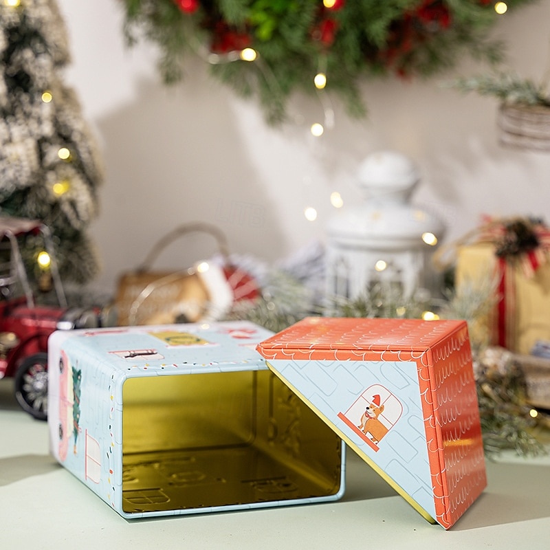 Christmas Cookie Tins with Lids for Gift Giving Xmas Tin Containers Creative Blue Dog House Design Metal Storage Box Holiday Candy Gift Packaging Festive Christmas Party Decoration Accessory2
