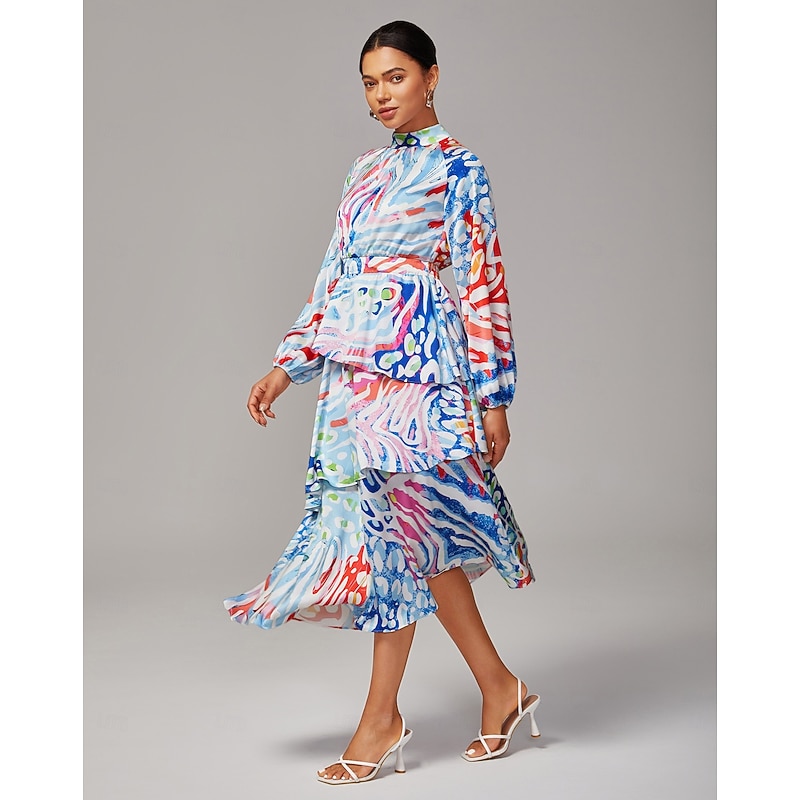 Women's Watercolor Leopard Print Chiffon Tiered Dress Raglan Sleeve Asymmetrical Layered Hem Elegant Stylish Casual Bold Print Daily Work Fall3