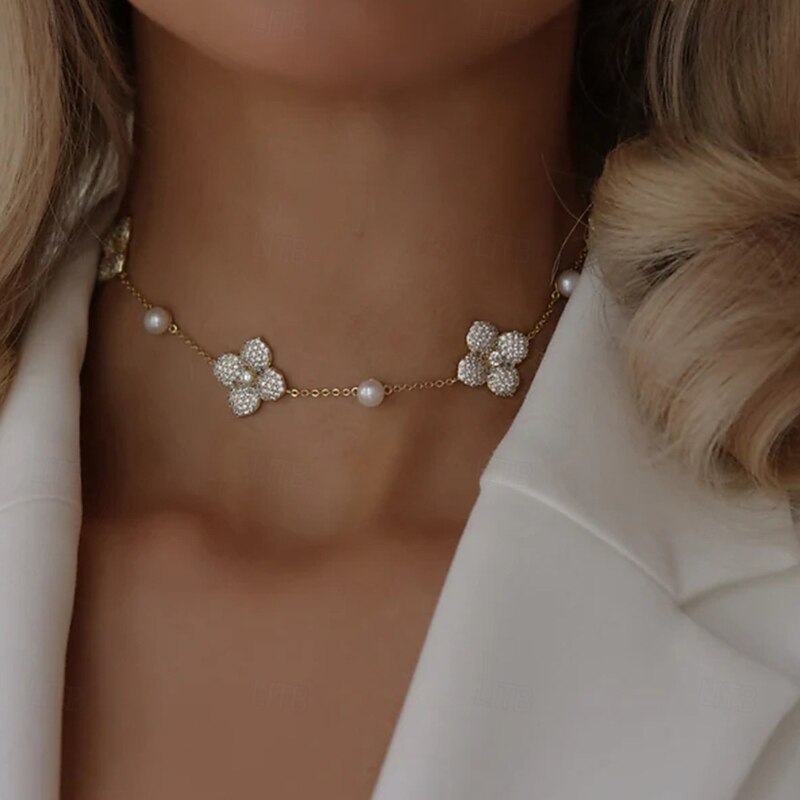 Choker Necklace Zircon Rhinestones Women's Elegant Cute Floral Flower Shape Wedding irregular Necklace For Wedding Party Birthday