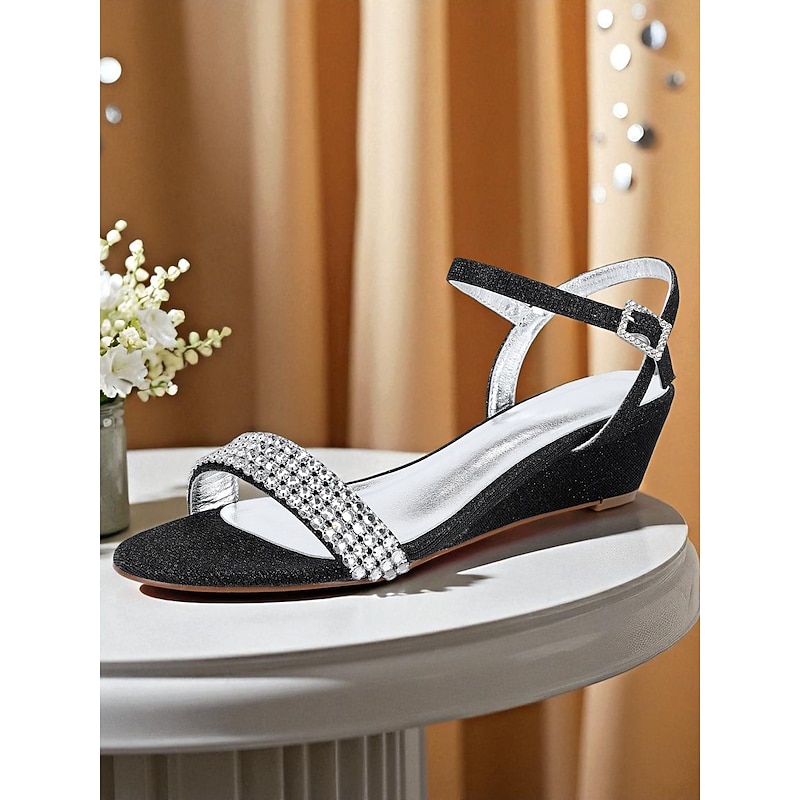 Women's Champagne Rhinestone Wedge Sandals - Open Toe Glitter Dress Shoes with Ankle Strap for Cocktail Parties and Elegant Evenings2