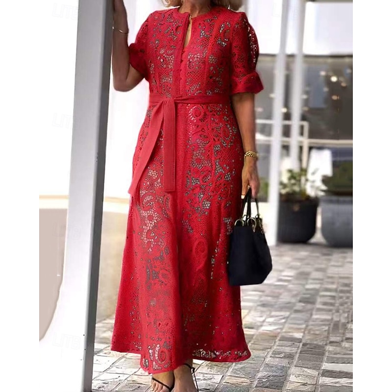 Women's Long Dress Maxi Dress Lace Dress Summer Dress Fashion Modern Daily Beach Weekend Regular Fit Plain Short Sleeve V Neck Black White Pink Red Summer4