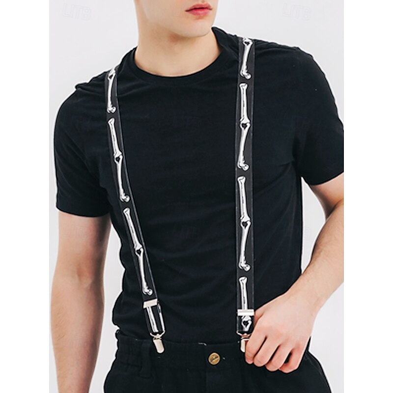 Men's Halloween Skeleton Bone Suspenders — Black Adjustable Elastic Y-Back Braces with Heavy-Duty Metal Clips, Gothic Style for Adults, Costume Parties, Cosplay & Themed Events3