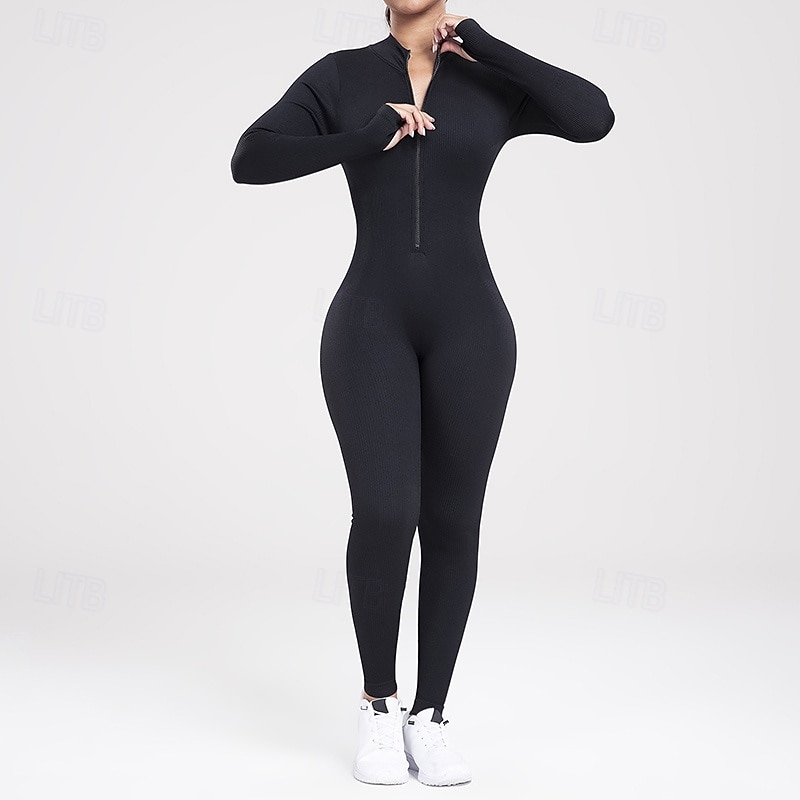 Women's Workout Jumpsuit One Piece Romper Fall Zip Up Solid Color Bodysuit Black Grey Gym Athletic Running Breathable Tummy Control Long Sleeve Sport Activewear