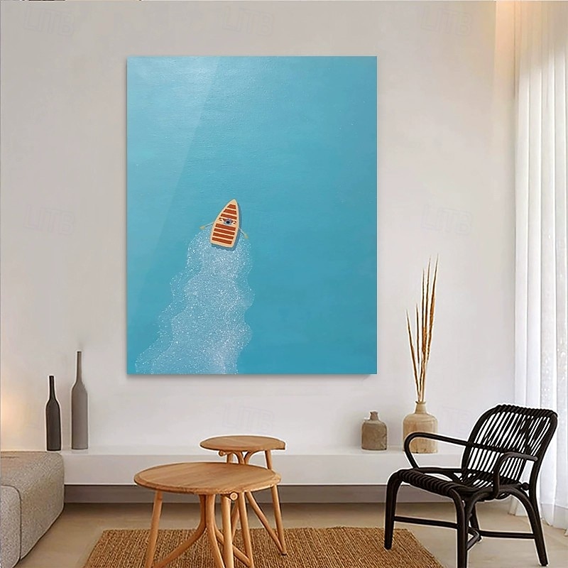 Handmade Oil Painting Canvas Wall Art Decoration Abstract Minority Healing Style Blue Sea Boating Landscape for Home Decor Rolled Frameless Unstretched Painting2