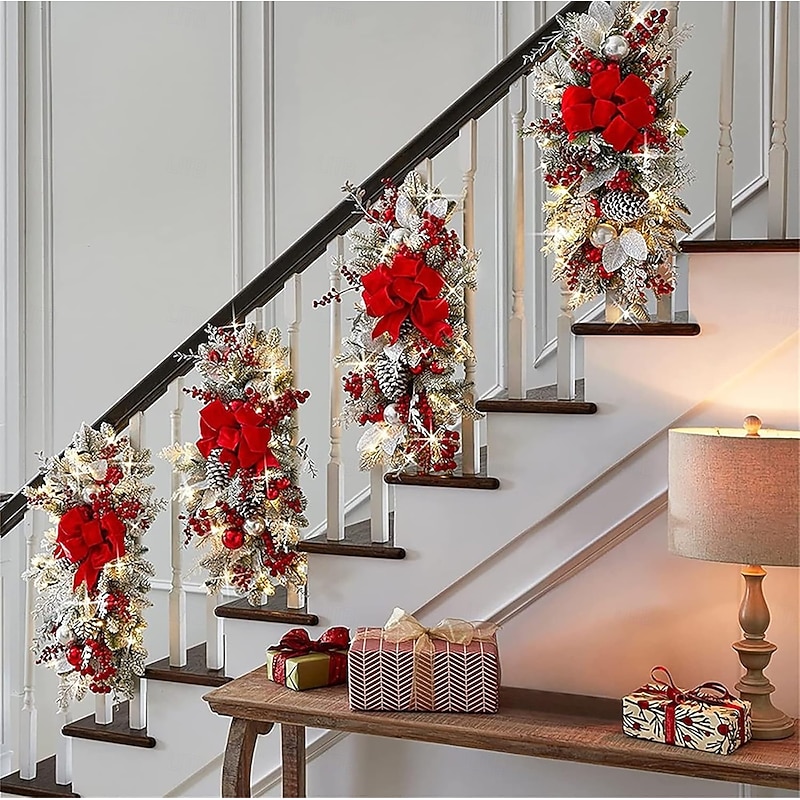 Christmas Swags Christmas Decor The Cordless Pre Lit Stairs Decoration LED Light Up Holiday Classic Stair Swag Door Wreath Christmas Teardrop Swag with LED Lights Garlands Hanging Ornaments3