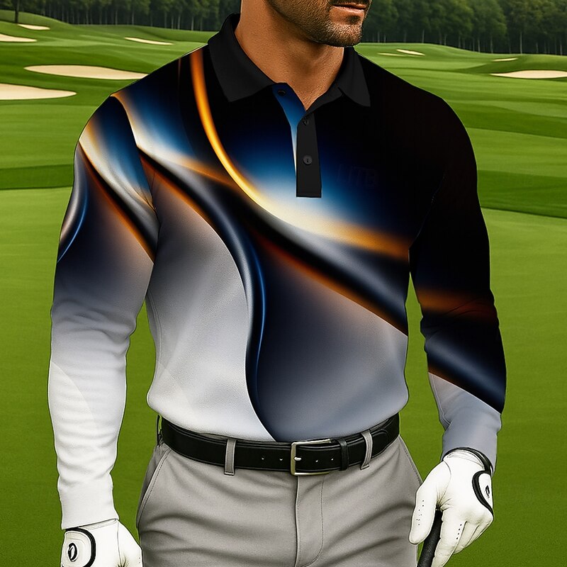 Men's Geometic Golf Polo Long Sleeve Polo Shirts Lapel Casual Athleisure Daily Wear 3D Print Buttons Spring Fall Winter Black Blue Green