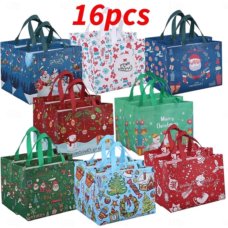 16pcs Christmas Gift Bags – Large Non-Woven Tote Bags for Holiday Shopping, Gift Wrapping, Party Favors, Christmas Packaging & Reusable Gift Bags
