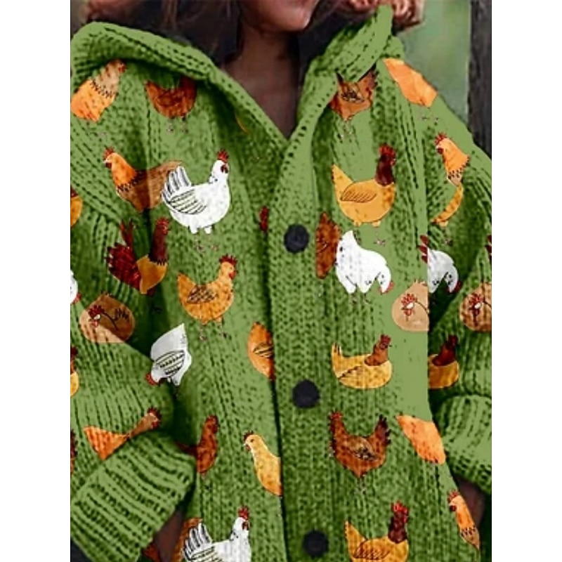 Women's Cardigan Vacation Daily Floral Ribbed Hooded Knitted Print Front Pocket Long Sleeve Regular Tops Knit Outdoor Daily Holiday Green Beige Fall Winter2