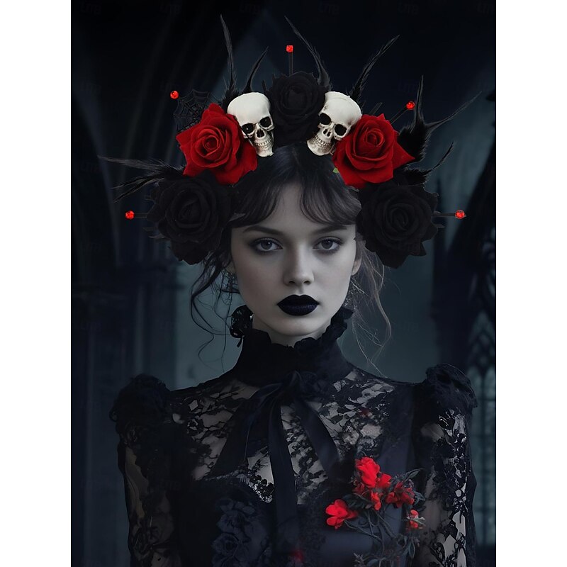 Women's Gothic Halloween Skull Rose Headband - Red and Black Flower Crown with Feathers and Spider Web for Costume Parties and Cosplay3