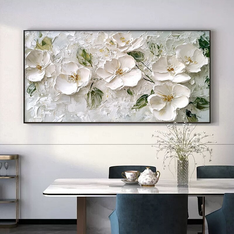 Handmade Original White Flower Oil Painting On Canvas Wall Abstract Floral Painting for Home Decor With Stretched Frame/Without Inner Frame Painting
