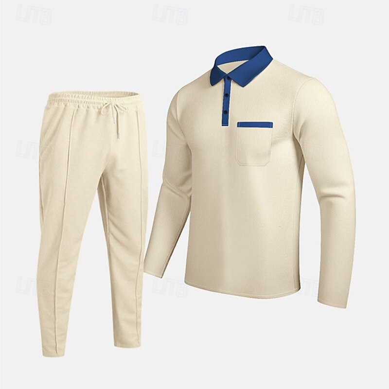 Men's Waffle Polo Shirts Golf Shirt Work Casual Lapel Long Sleeve Basic Modern Color Block Pocket 2 Piece Spring Fall Regular Fit Black Royal Blue Khaki Gray Waffle Polo Shirts4