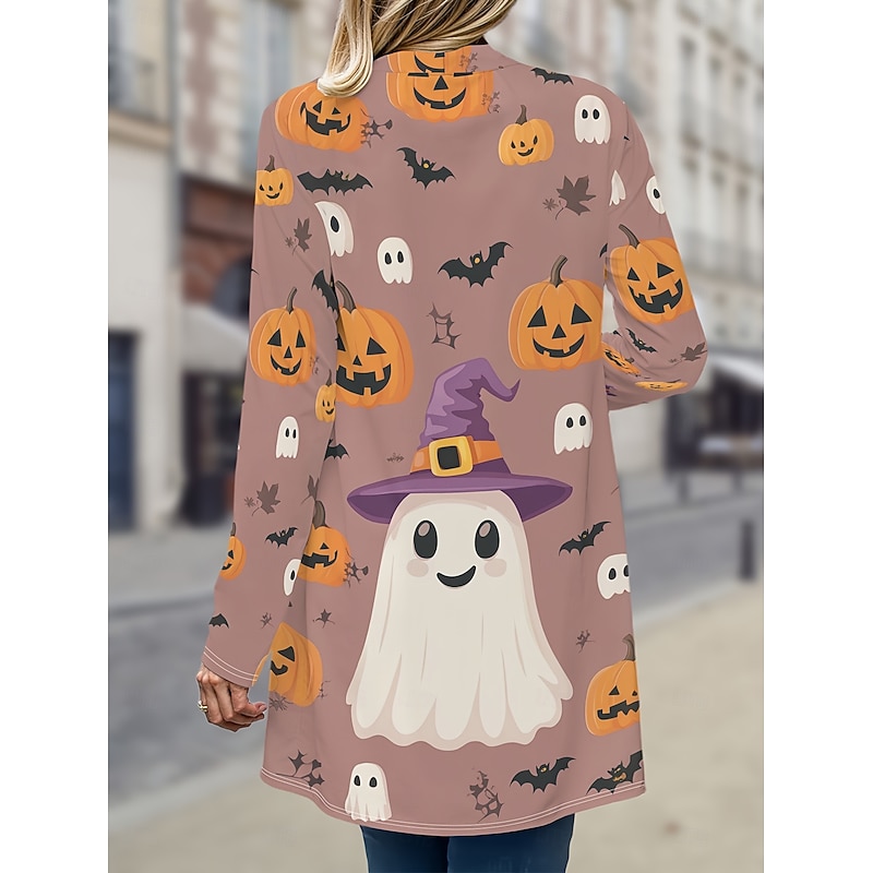 Halloween Women's Coat Lightweight Comfortable Pumpkin Print Vintage Artistic Casual Pumpkin Casual Long Collarless Loose Fit Long Sleeve Outerwear Black Pink Navy Blue Spring Fall3