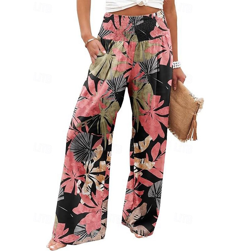 Women's Wide Leg Slacks Streetwear Casual Full Length Natural Flower Pocket Elastic Waist Print Comfy Street Holiday Daily Wear Pink Fall Regular Fit