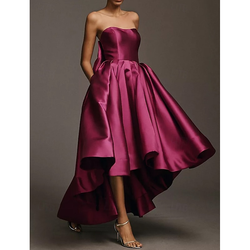 High-low Dress A-Line Cocktail Dresses Elegant Dress Formal Wedding Tea Length Sleeveless Strapless Satin with Bow(s) Pocket 2025