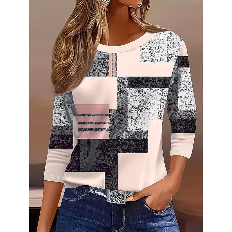 Women's T Shirt Graphic Geometric Geometry Vintage Stylish Modern Long Sleeve Crew Neck Round Neck Regular Tops Daily Print Pink Summer Spring Fall