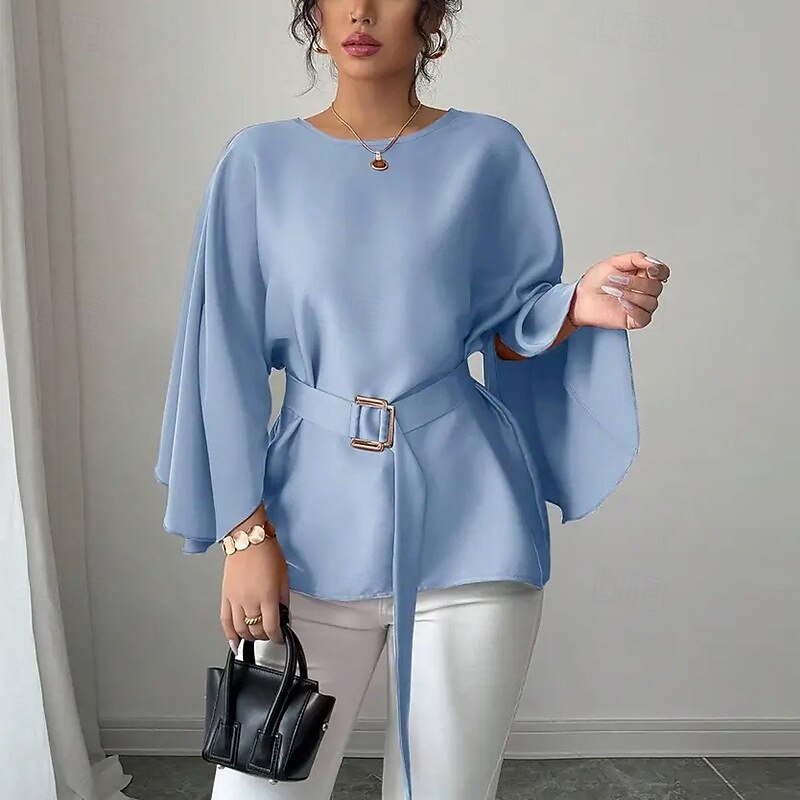 Women's Shirt Plain Elegant Vintage Daily Long Sleeve Half Sleeve Flutter Sleeve Crew Neck Regular Tops Work Daily Holiday Blue (with belt) Summer Spring Fall
