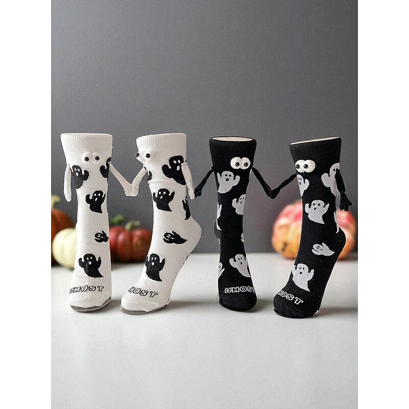 Women's Halloween Ghost Socks with 3D Eyes and Cartoon Style, Fun Cozy Crew Socks for Parties and Casual Wear3D